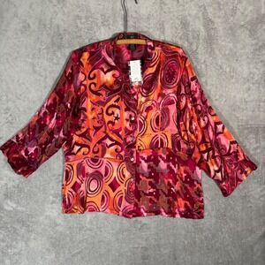 Vntg IOS Womens‎ XL Silk Abstract Patchwork Button Front Blouse Red Orange Artsy